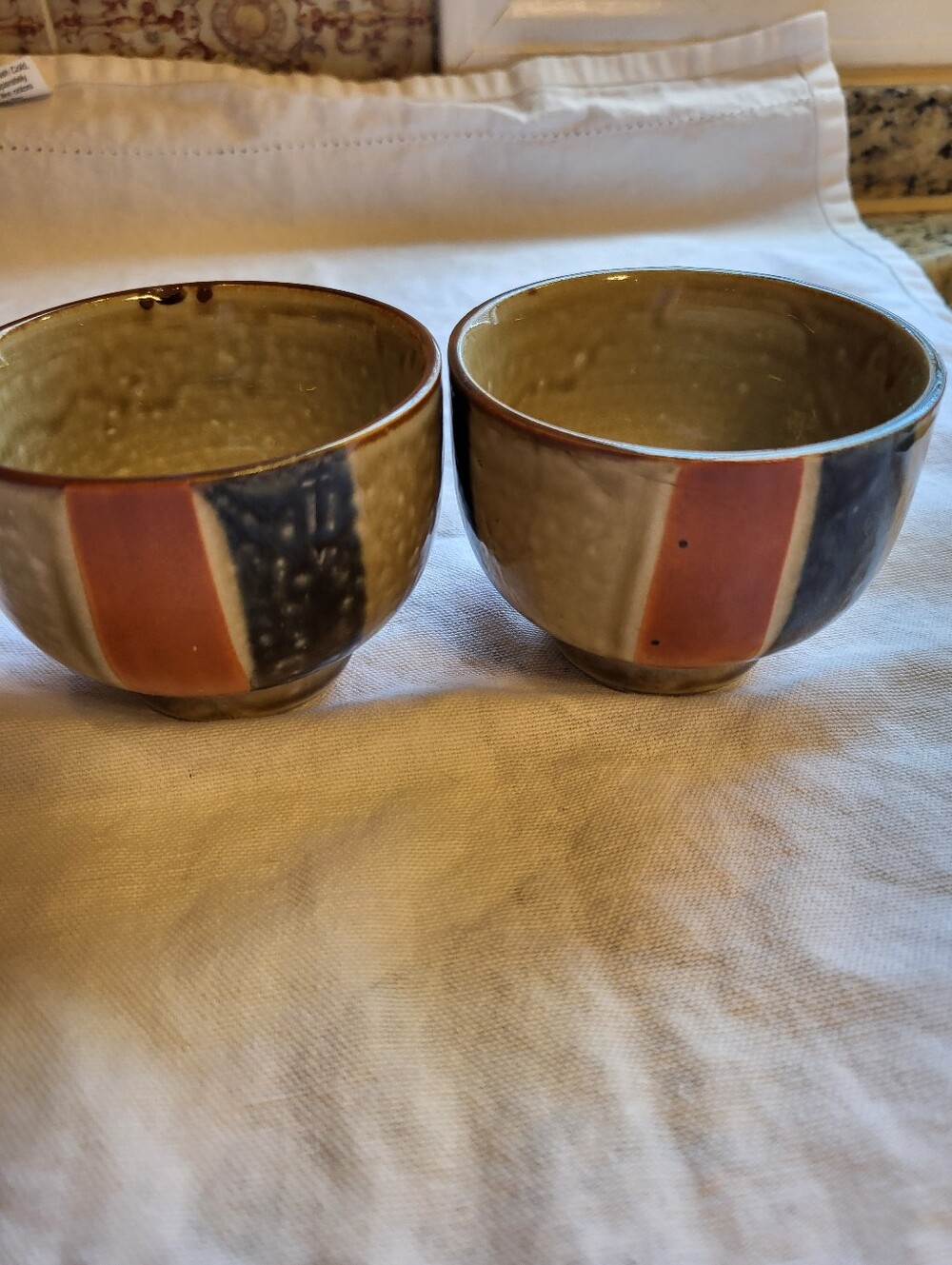 Japanese Set Of 6 Handcrafted Ceramic Tea Bowls in Olive, Rust & Navy - Brand